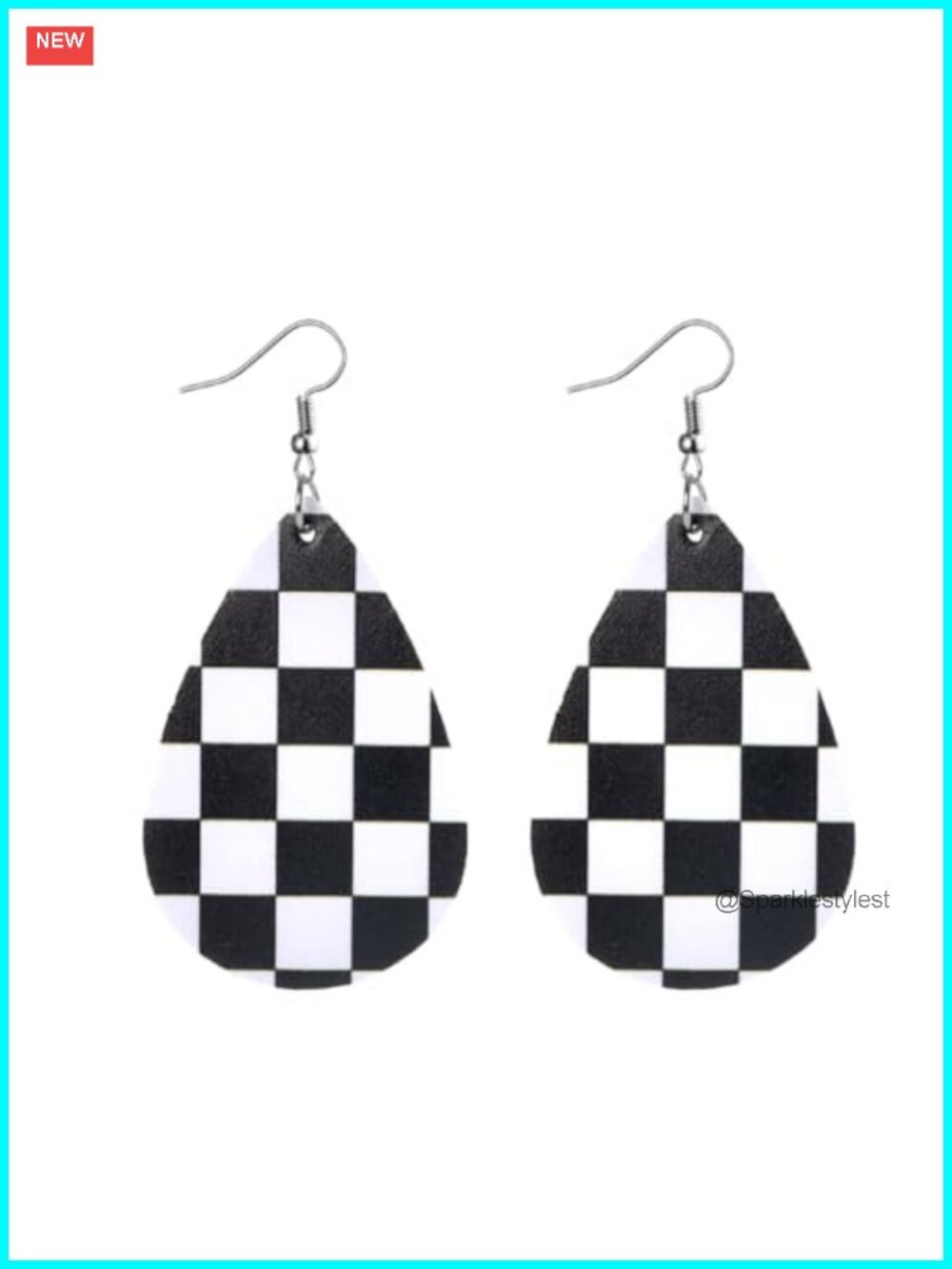 Leather Teardrop Dangle Earrings Checkerboard Lightweight Lever Back